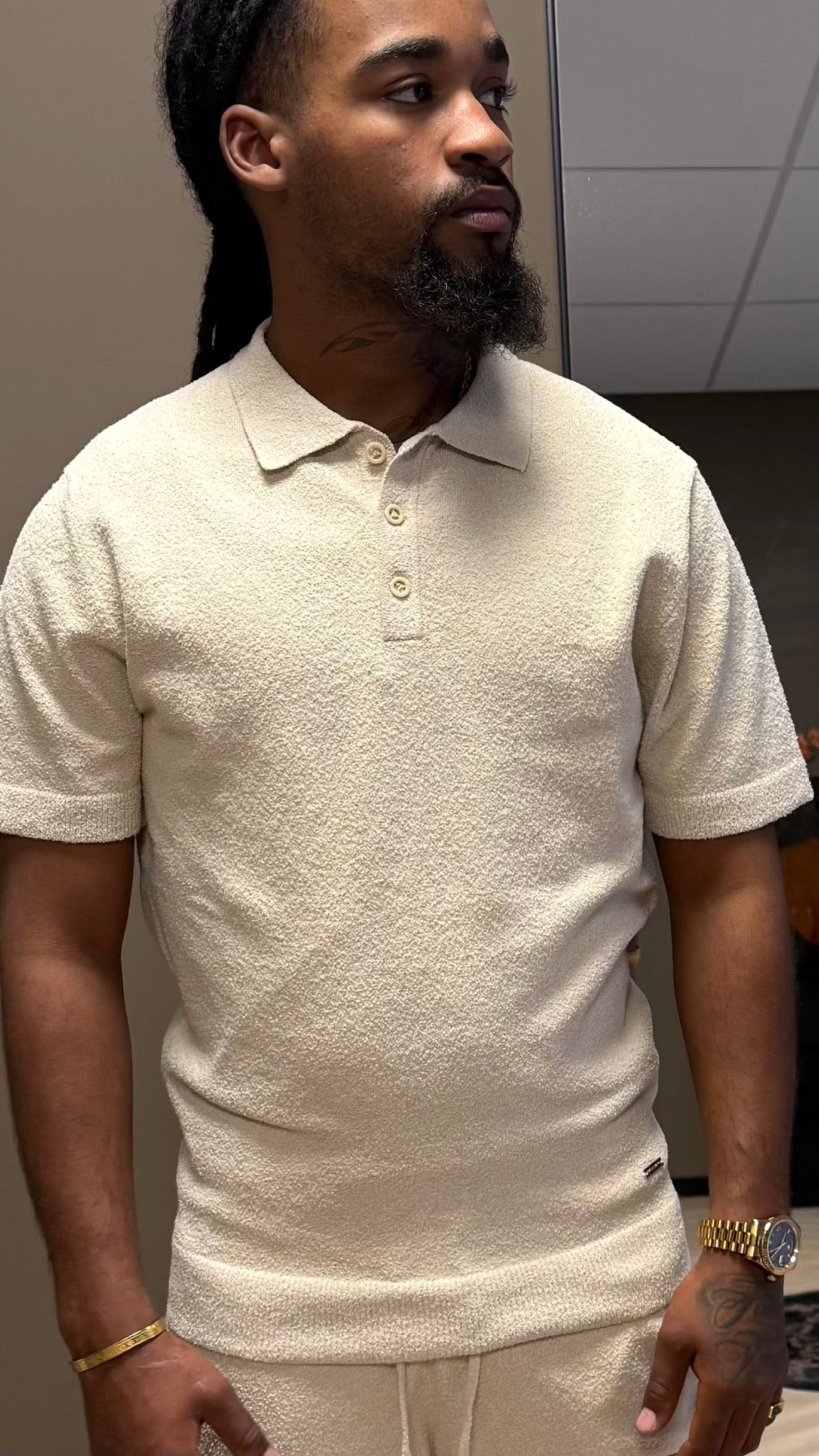 Malelions Men Bouclé Polo - Light Taupe