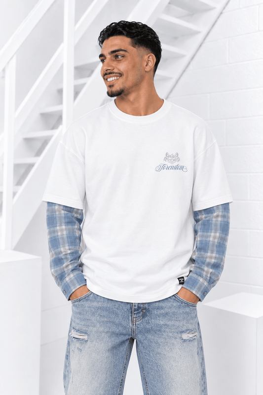 JorCustom Handscript2.0 Flannel Double Layered Longsleeve T-Shirt - White-BountyBlue