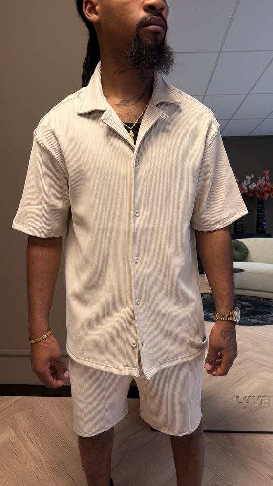 Malelions Men Ribbed Camp Collar Shirt - Light Taupe